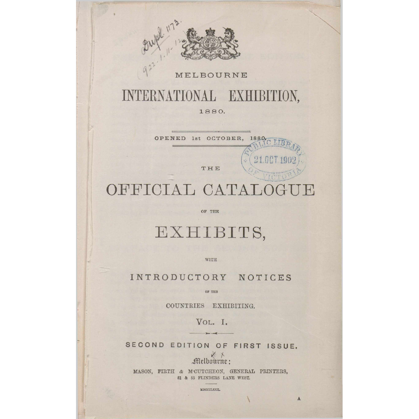 Official Catalogue of Exhibits (Melbourne International Exhibition 1880)